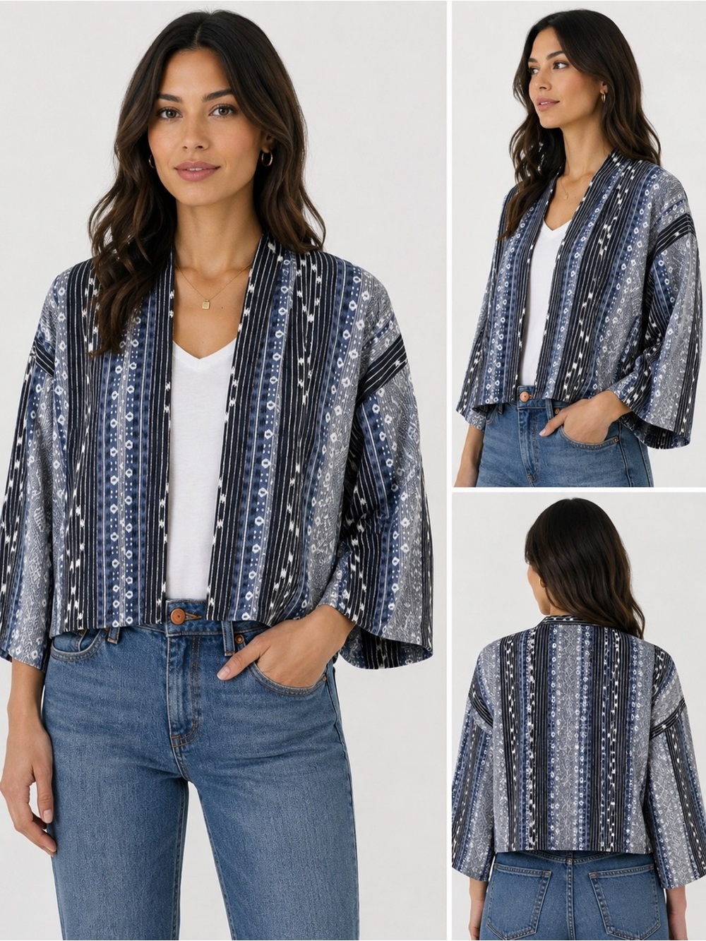 GAP Blue & White Geometric Stripes Print Open Front Kimono Top in Size S / M